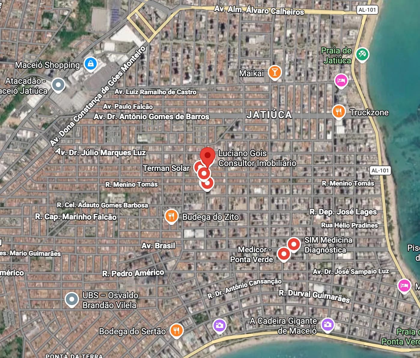 Mapa da Jatiúca com o escritório de Luciano Góis marcado, em Rua José Cabral Acioli, Sala 12, Jatiúca, Maceió - AL